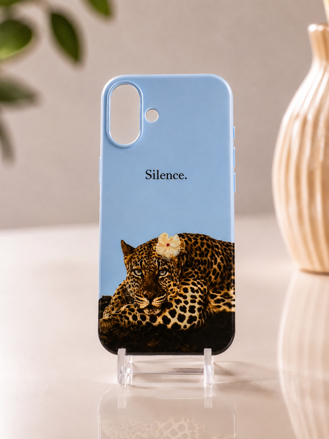 "Silence" Yazılı Çiçekli Leopar Mavi Telefon Kılıfı