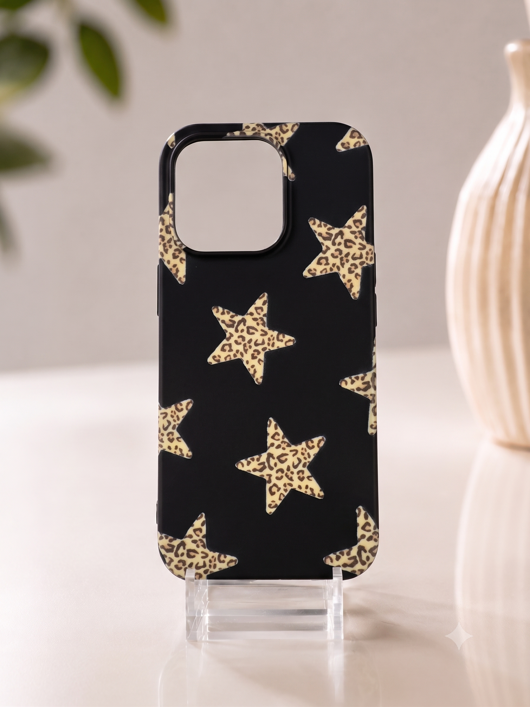 Leopar Desenli Yıldızlı Siyah Telefon Kılıfı
